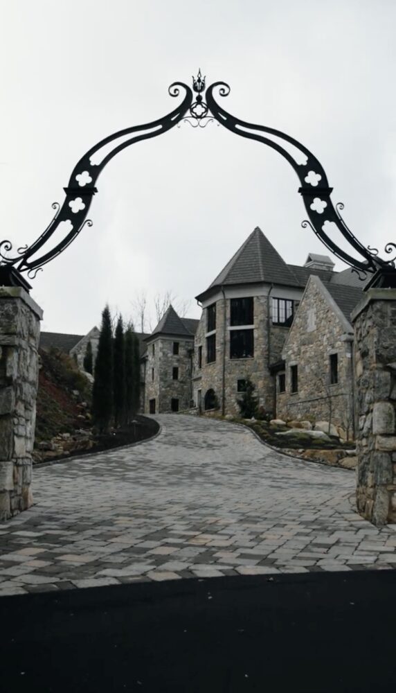 Detail of the gothic-inspired hand-forged driveway arch in Asheville