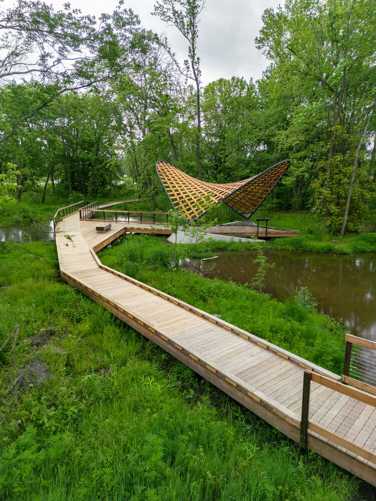 Hand-twisted wooden beams of the Reedy River Wetlands structure in Greenville, SC