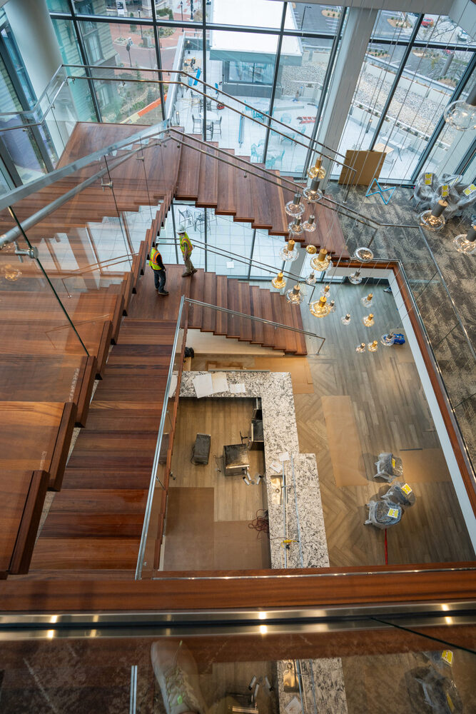 Detail of the hand-crafted floating staircase at the United Center in Greenville, SC