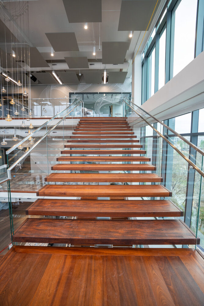 View of Heirloom's largest custom commercial staircase at United Community Bank